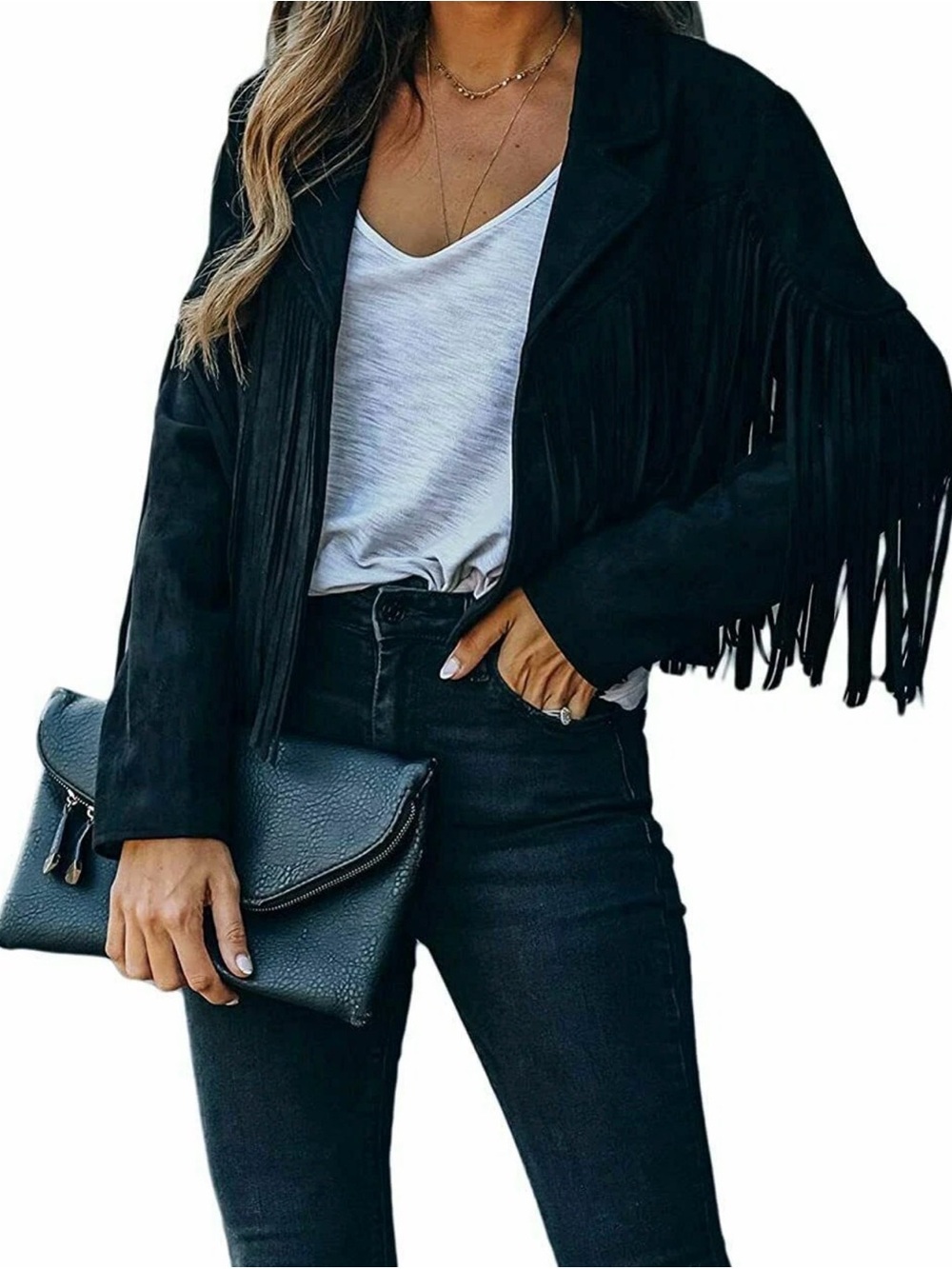 Chartou Black Faux Suede Cropped Jacket W/Fringe. Women’s Size S